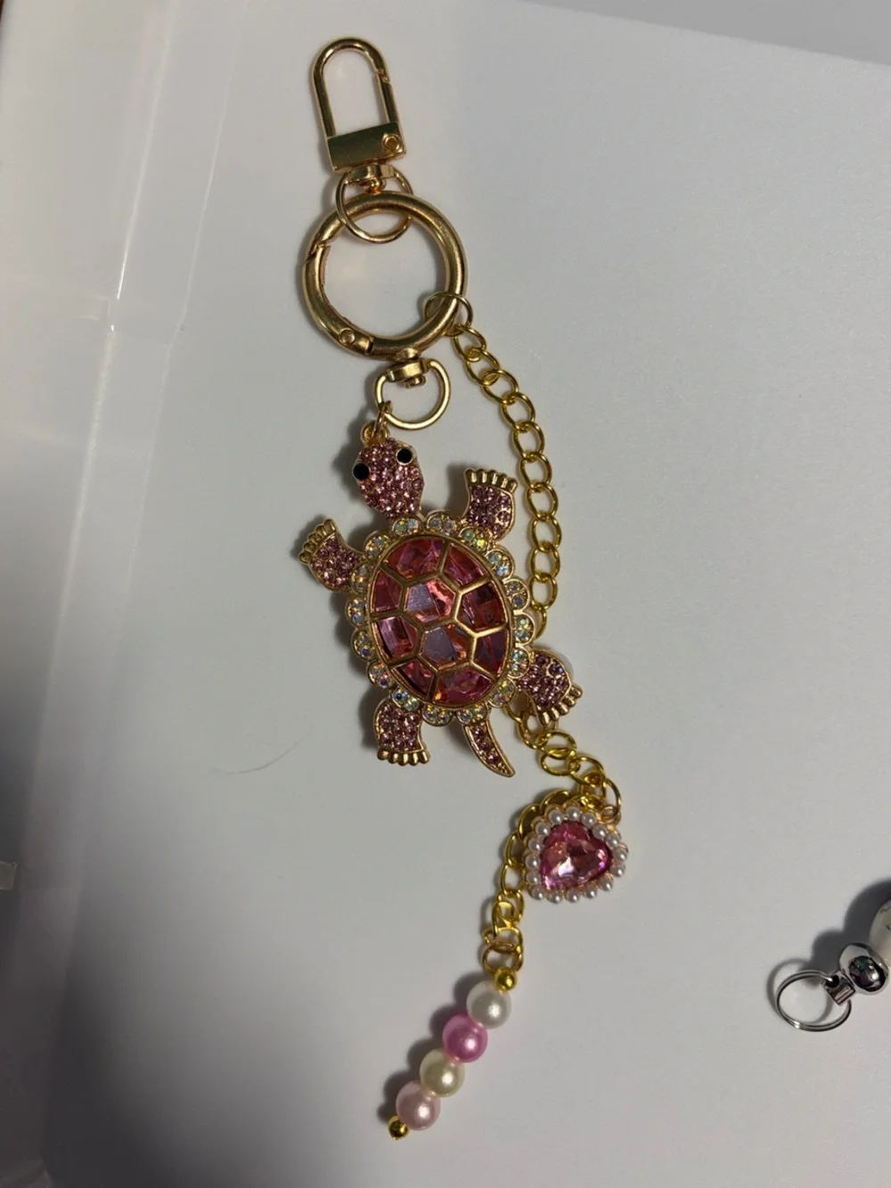 Gold-Tone Pink Crystal Turtle Keychain or Purse Charm